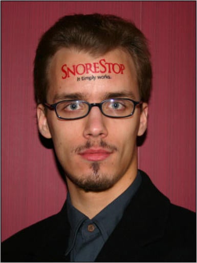 Andrew Fischer with the SnoreStop temporary forehead advertisement in 2005.