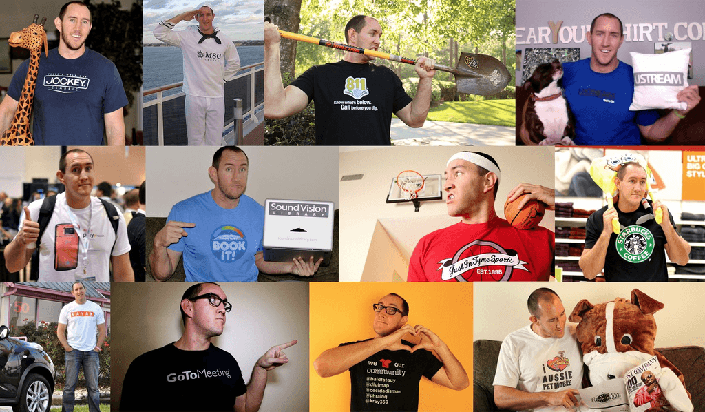 A collage of Jason Zook wearing sponsored shirts for IWearYourShirt.