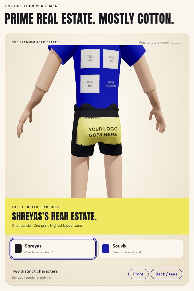 3D render of a founder stand-in in a blue T-shirt with four $690 tee spots and a boxer placement marked Your logo goes here, from the campaign’s site. Image from the creator’s post.