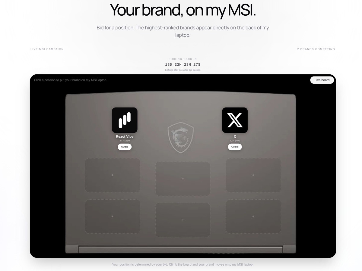 The yourbrand.lol board for the MSI laptop: a dark laptop lid with a grid of bid positions, two brands shown at the top with $499 bids and a 13-day countdown. Image from the launch post.