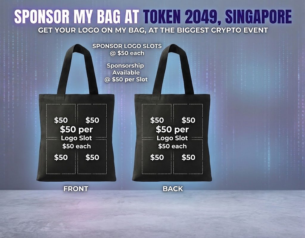 Front and back of a black tote bag with dashed sponsor logo slots priced at $50 each, under the words "Sponsor my bag at TOKEN 2049, Singapore". Image from the launch post.