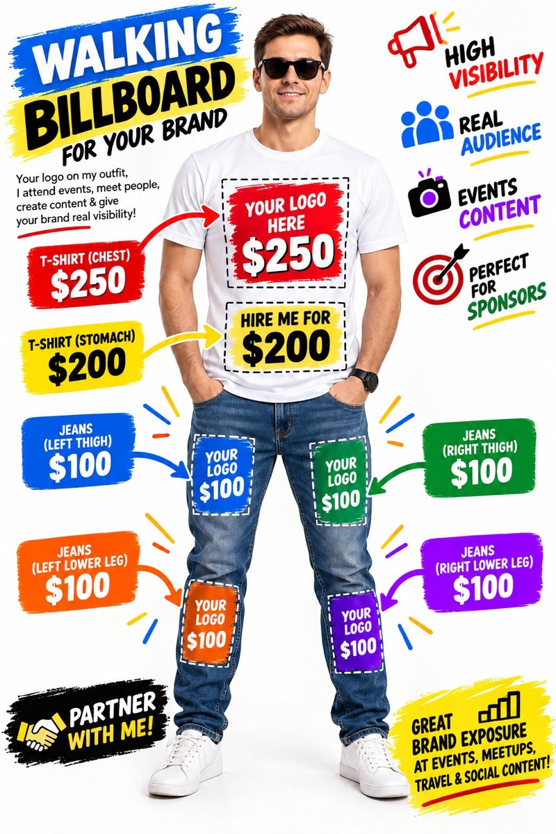 Mockup poster of a man in a white T-shirt and jeans with six priced logo spots from $100 to $250 under the headline Walking billboard for your brand. Image from the creator’s post.