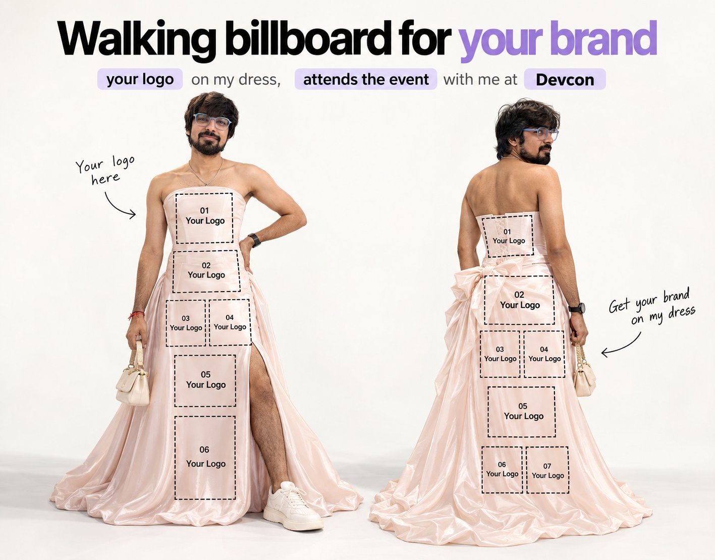 Apurva Jain in a pale pink strapless gown, front and back, with thirteen numbered dashed logo boxes under the headline Walking billboard for your brand. Image from the creator’s post.