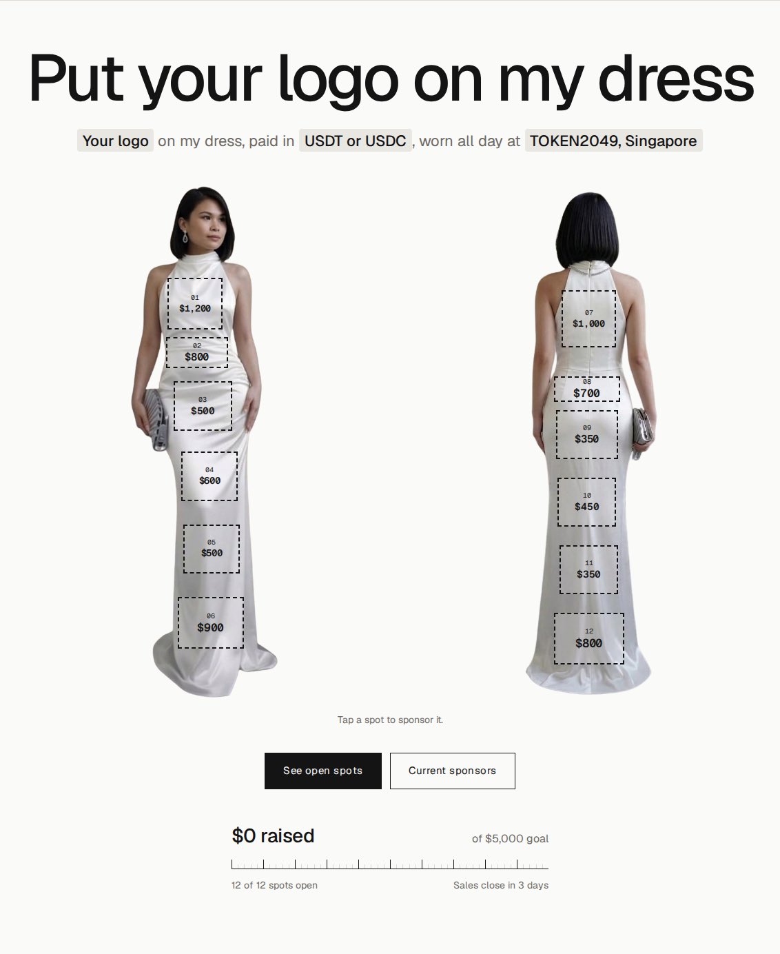 Front and back of a woman in a white gown with twelve dashed logo spots priced from $350 to $1,200, under "Put your logo on my dress", $0 raised of a $5,000 goal. Image from the launch post.