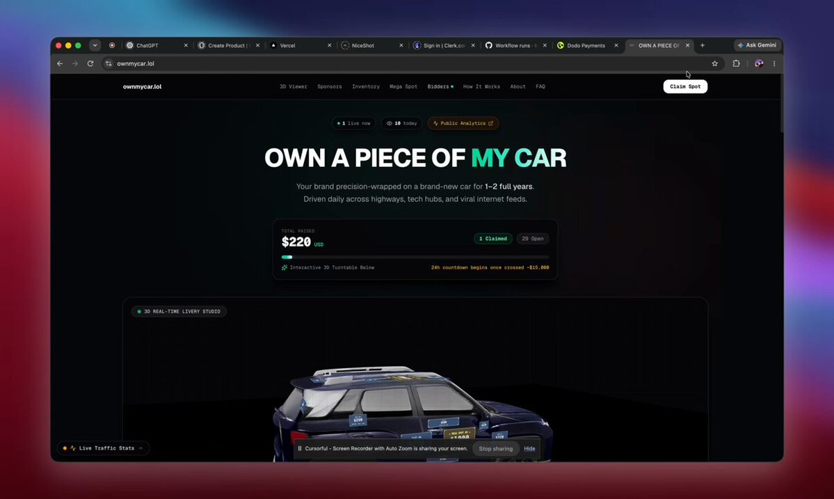 Car advertising website shown in Aasim’s launch video.