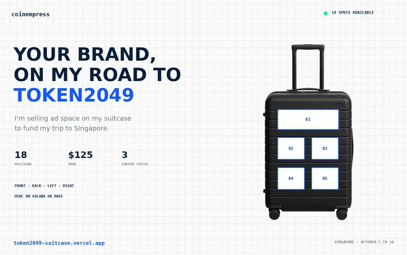 Vana’s TOKEN2049 suitcase with numbered sponsorship placements.