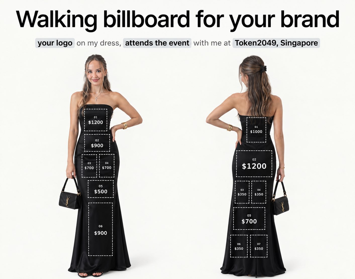 Julia’s proposed black dress with advertising placements.