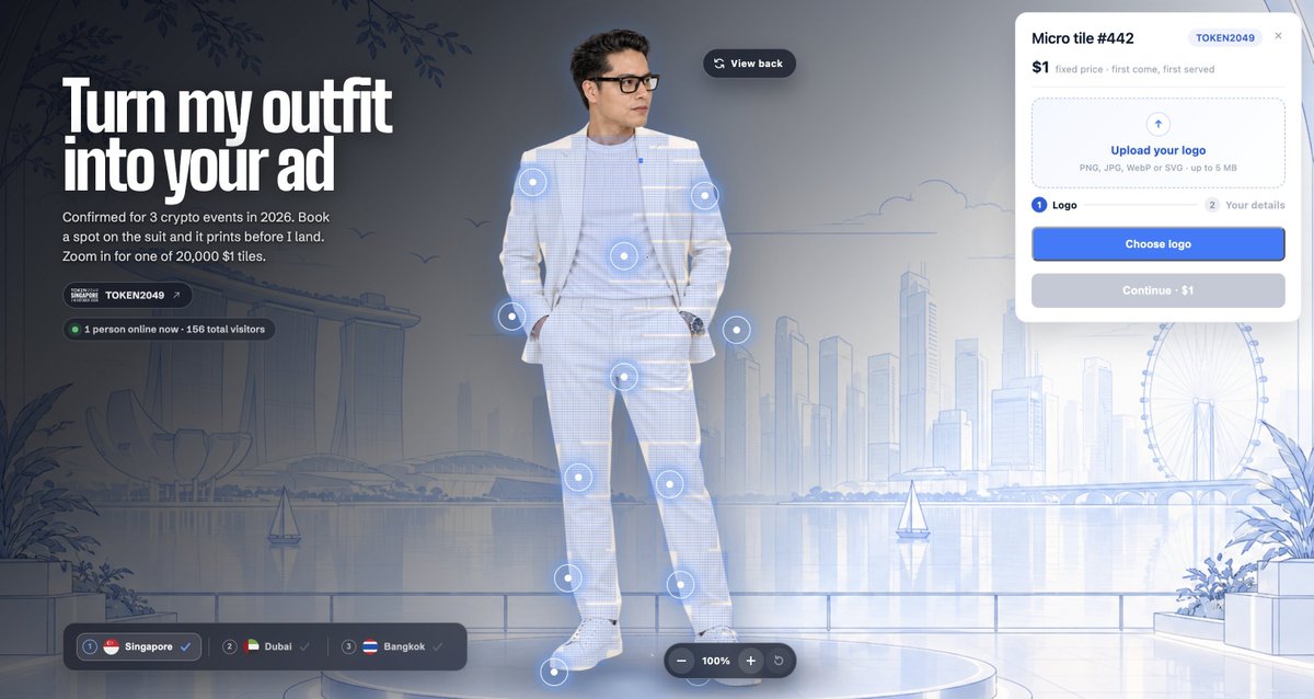A $1 tile on a TOKEN2049 outfit. Image from the creator’s campaign post.