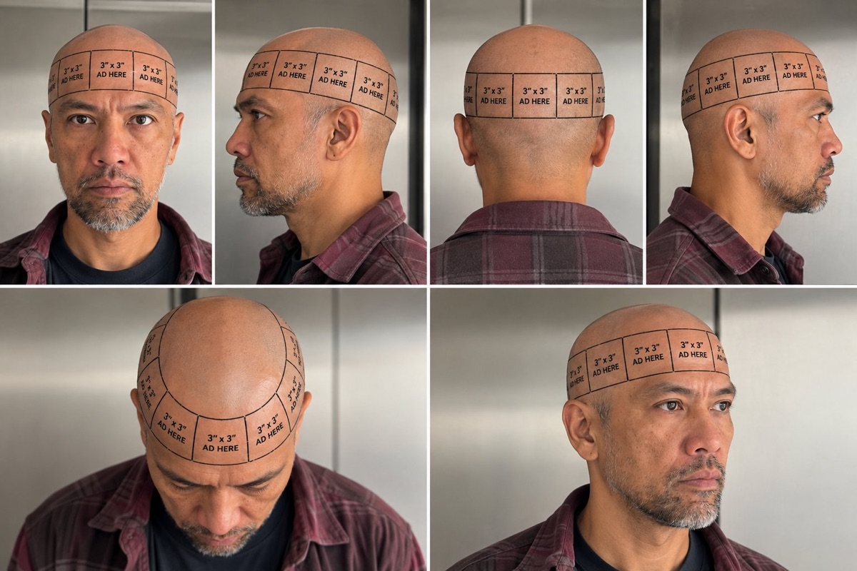 Six photos of a man with a freshly shaved head, front, sides, back and top, with rectangles marked "3 x 3 AD HERE" drawn across the scalp like a map of ad spaces. Photo from the launch post.