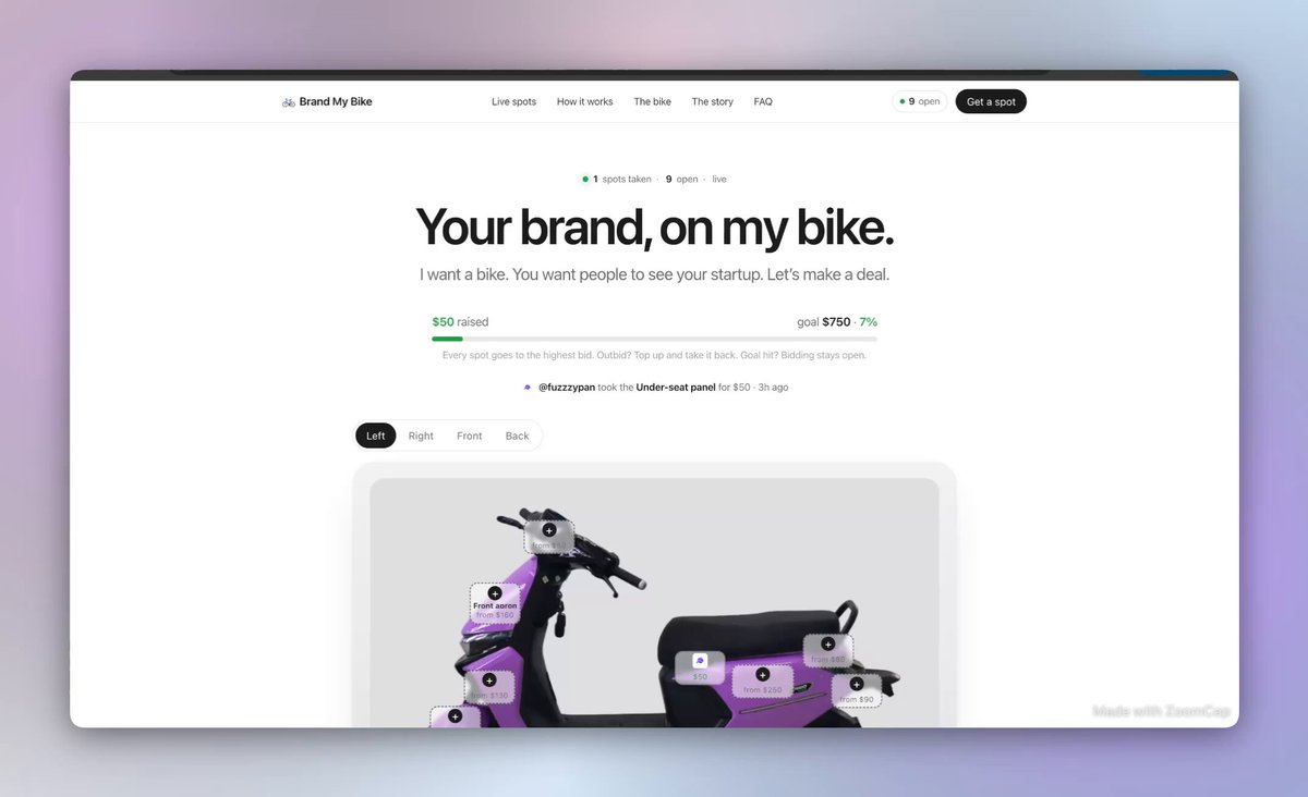 A bike bought with advertising. Image from the creator’s campaign post.