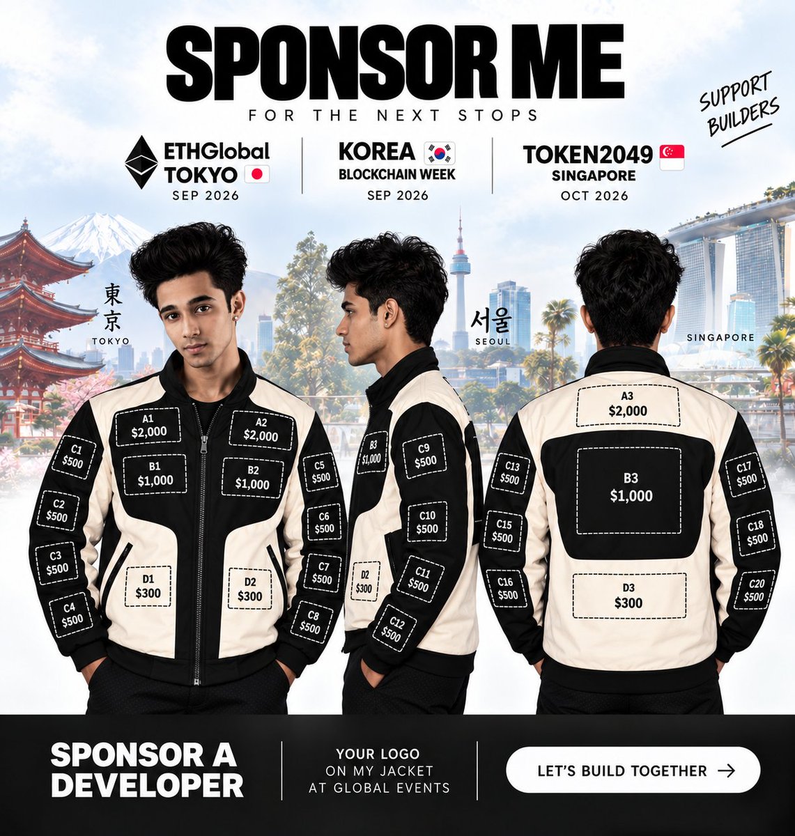 One jacket across ETHGlobal Tokyo, KBW and TOKEN2049. Image from the creator’s campaign post.