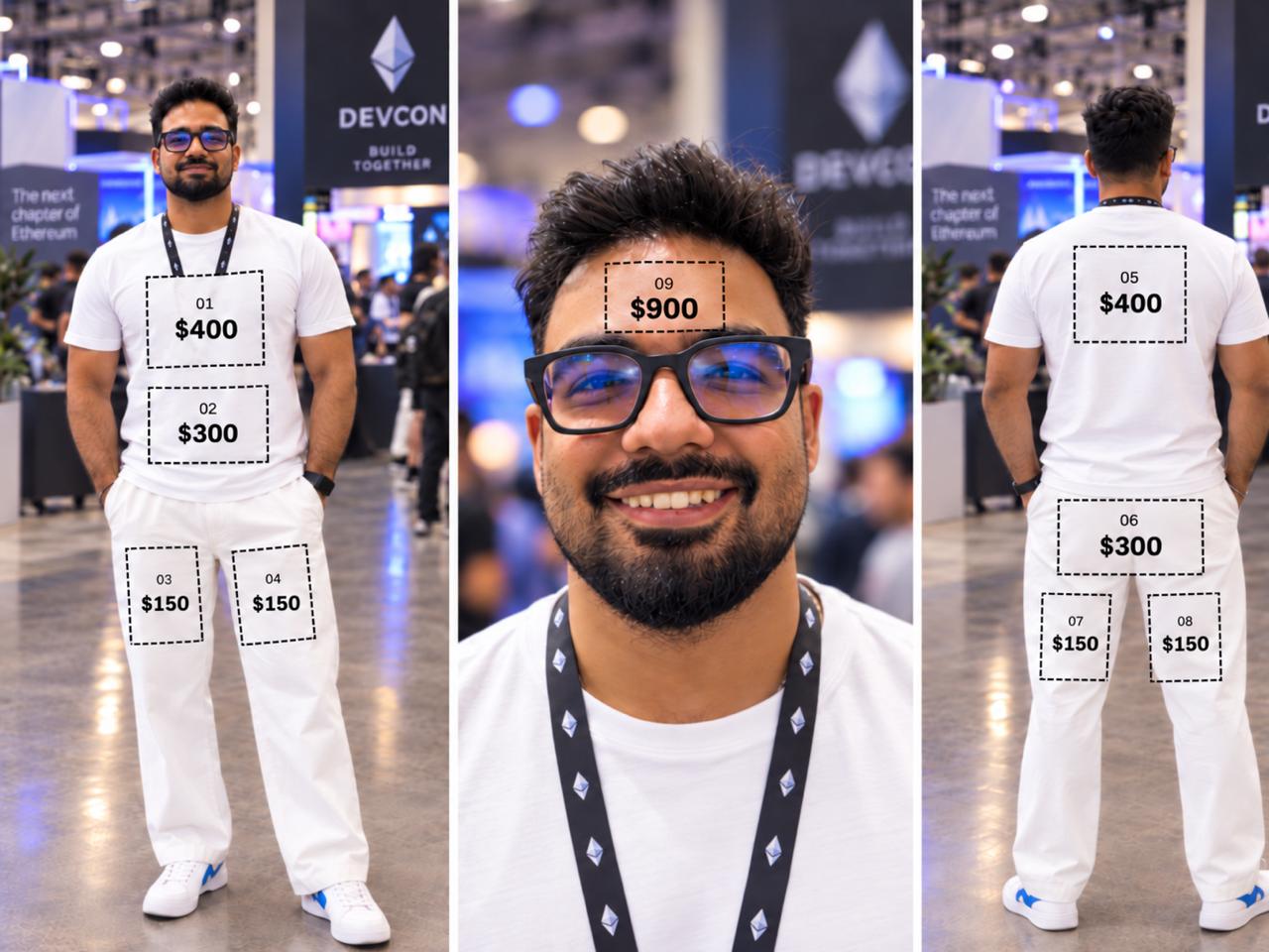 Three-panel mockup of Parthh in a white T-shirt and trousers at Devcon with nine dashed spots priced $150 to $900, including a $900 forehead spot. Image from the creator’s post.