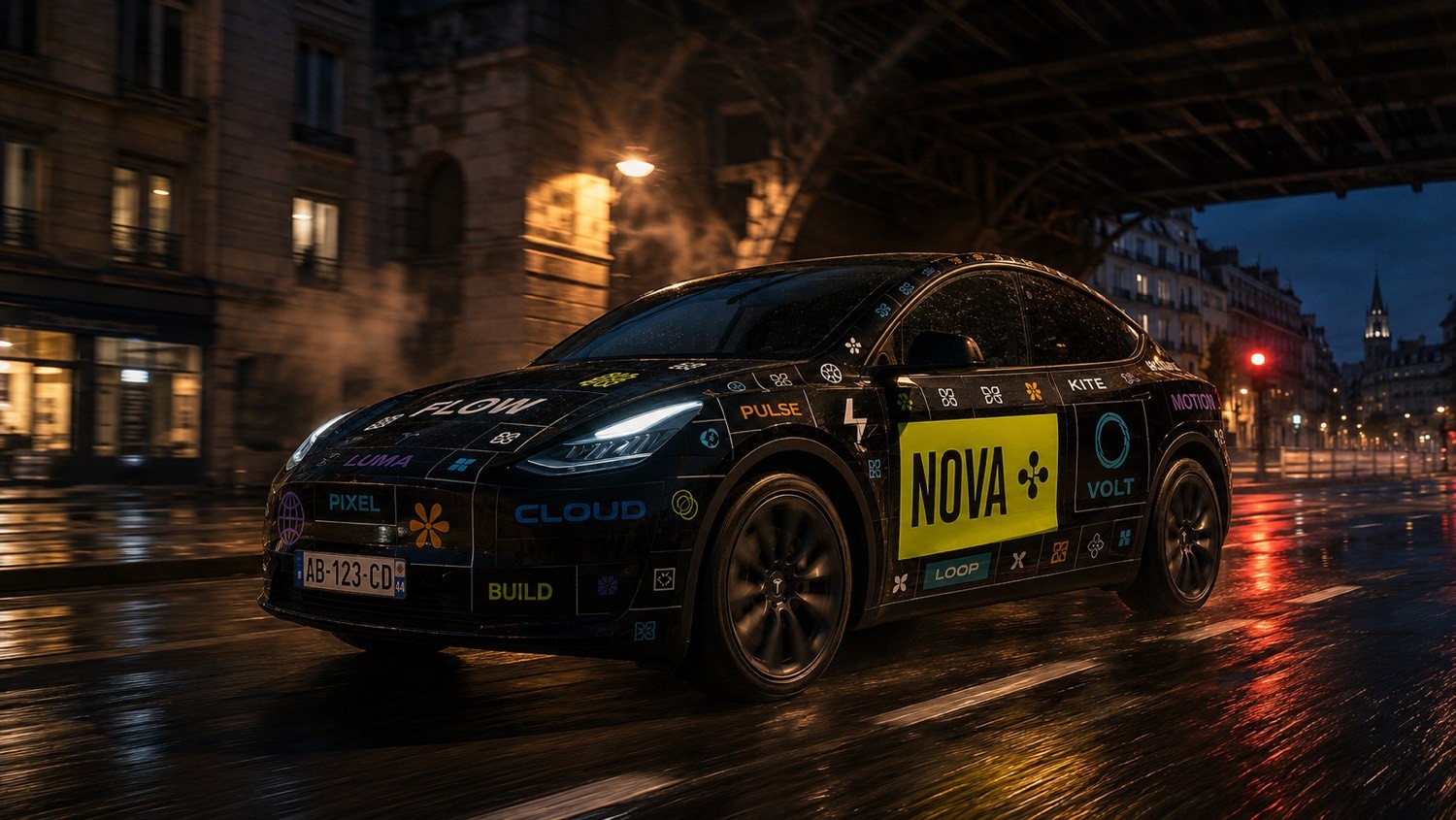 The Model Y wrapped in sponsor logos, from the campaign website.