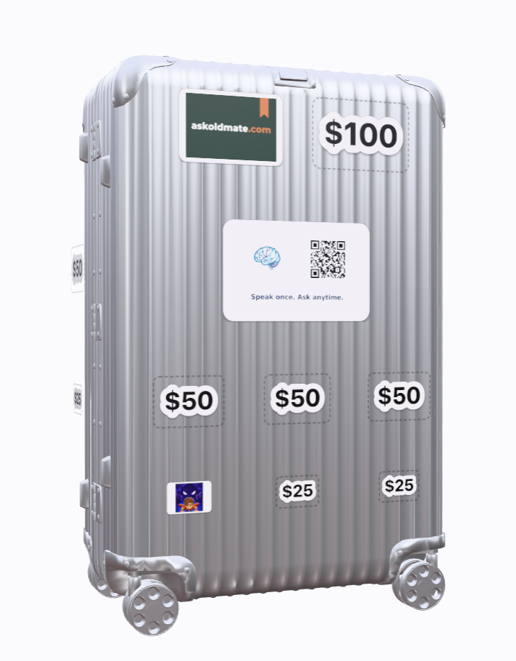 Website capture of Jurre’s suitcase with sponsor stickers placed on the 3D render.