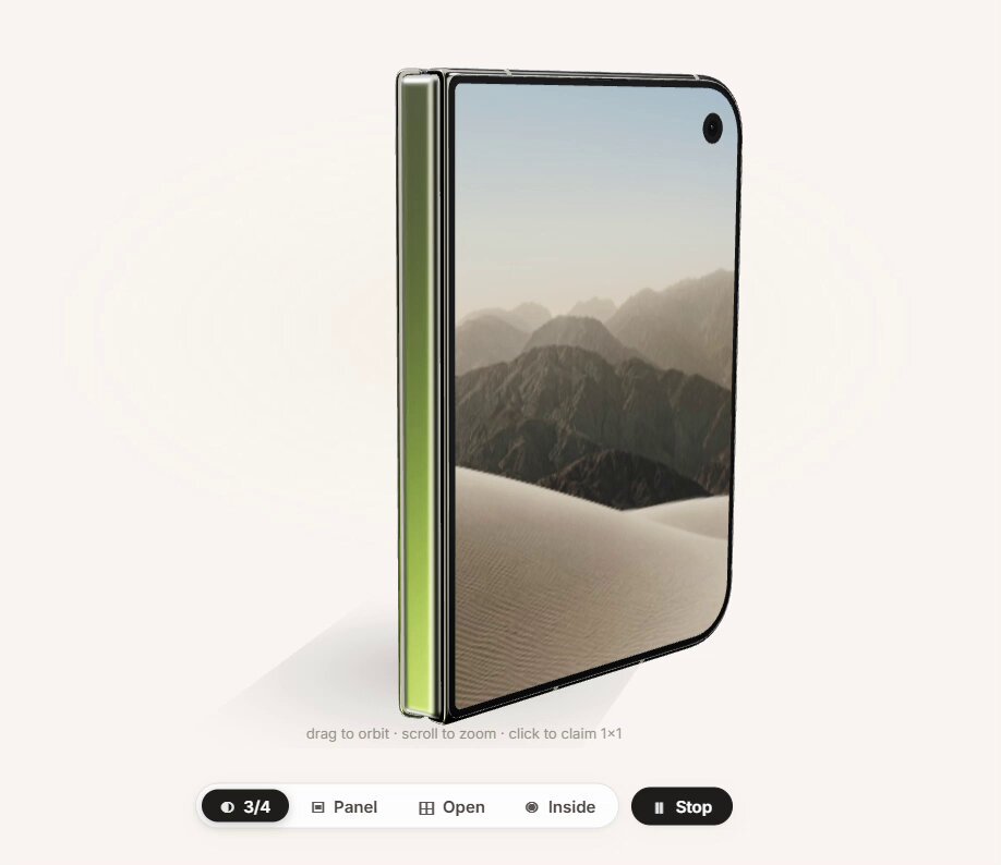 A 3D render of a folding phone standing half open with a desert wallpaper, from the sponsermyiphone.lol spot picker. Image from the launch post.