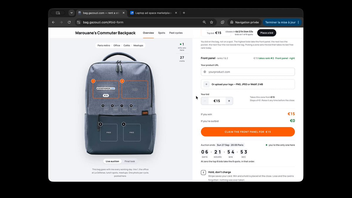 The grey commuter backpack on the campaign site with eight numbered spots, the front panel marked €15. Still from the launch video.