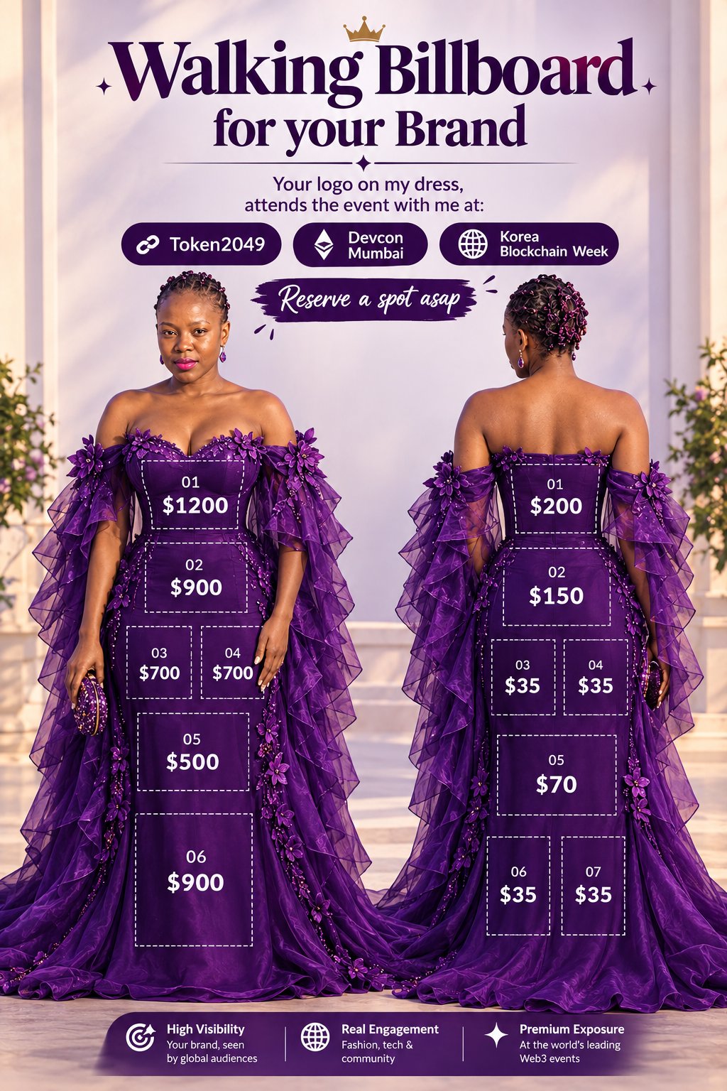 Dress sponsorship image from Joy’s TOKEN2049 launch post.