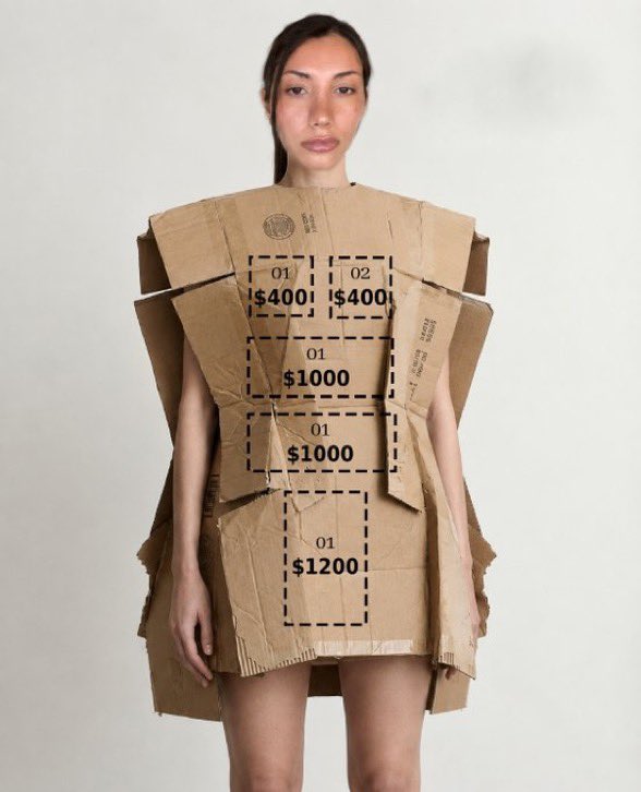 A cardboard outfit mock-up with five priced spots from $400 to $1,200. Image from the launch post.