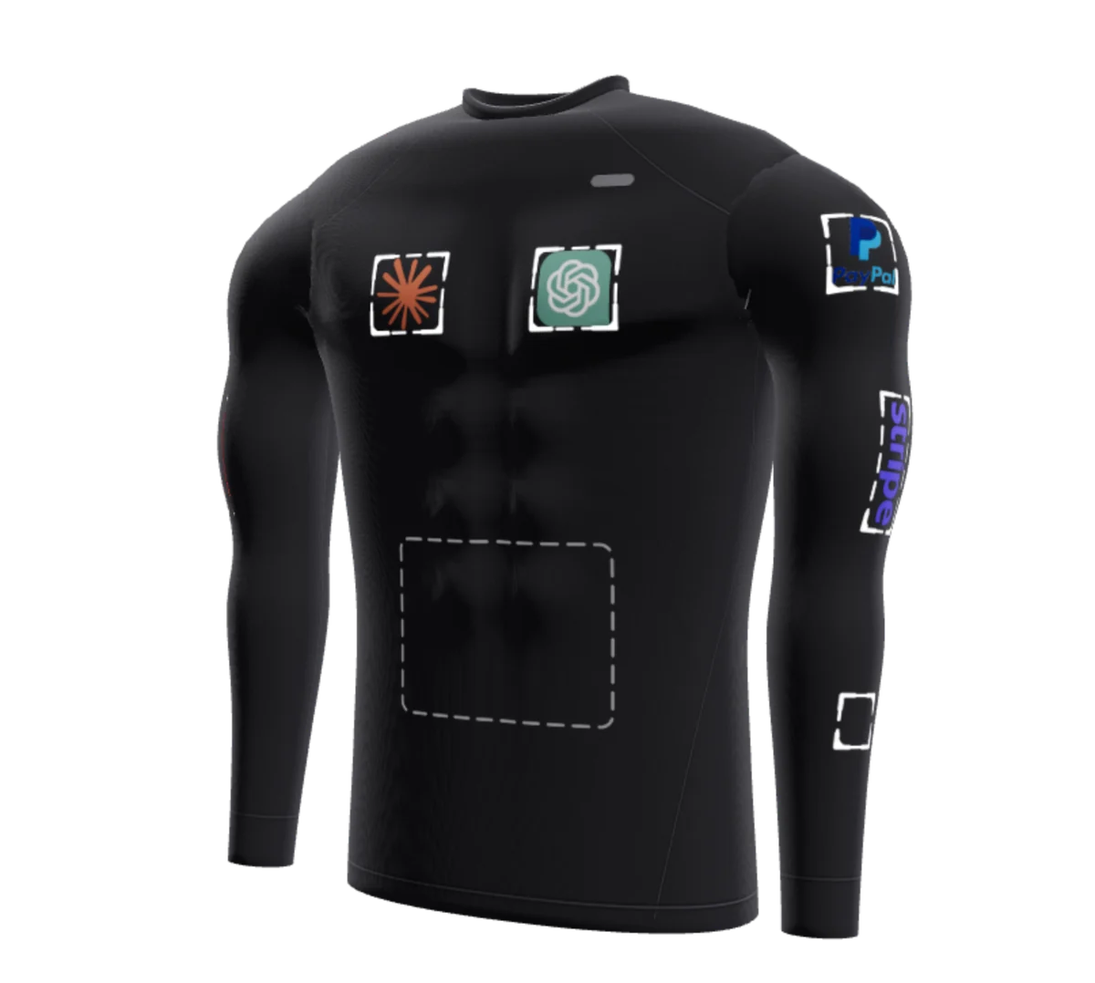 Black running shirt with logos and available advertising placements.