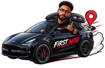 The FIRST WOD Tesla over a map of the fifty-state route, from the campaign website.