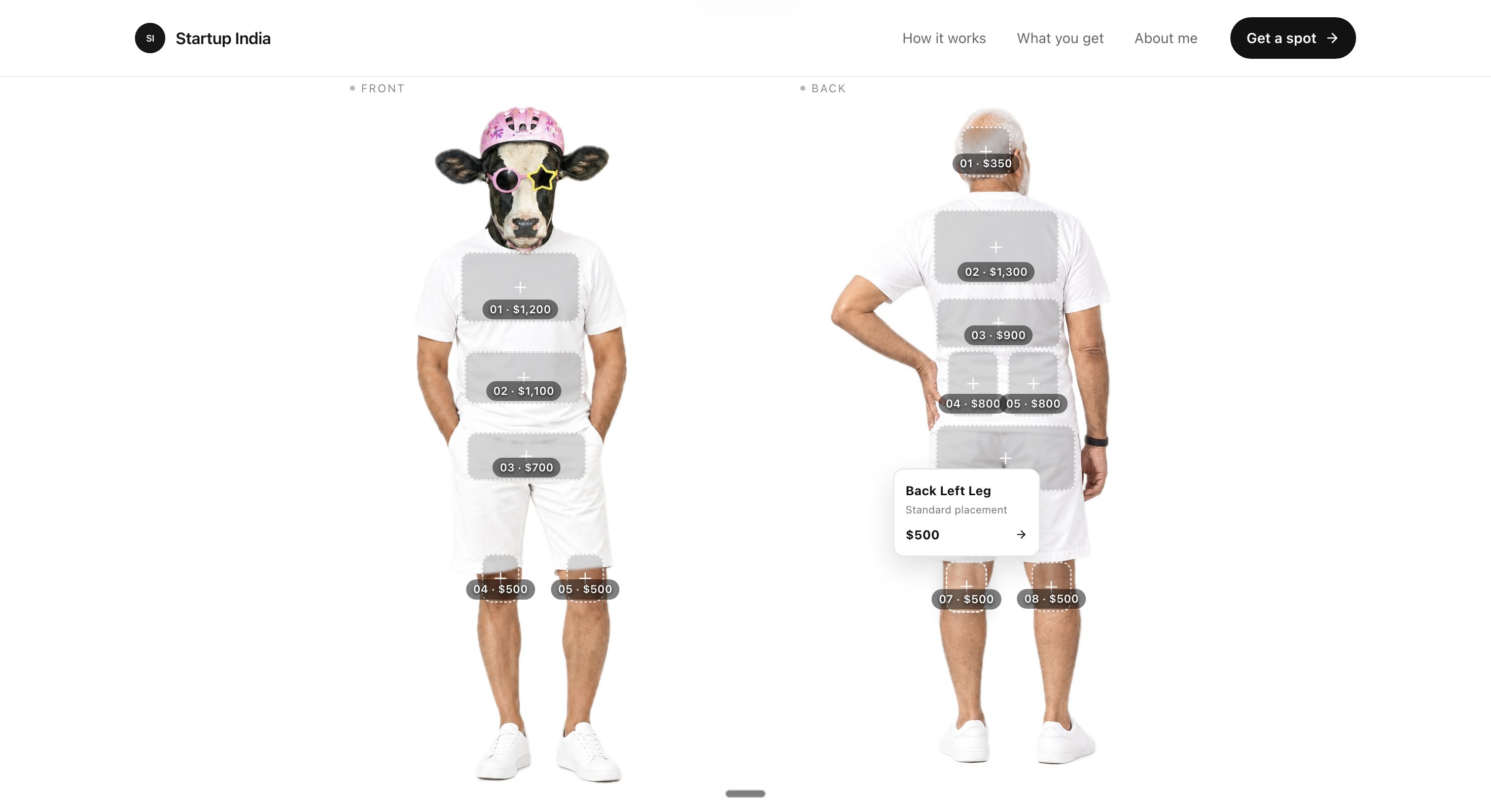 The campaign site’s front and back placement map on a white tee and shorts, thirteen priced spots from $350. Image from the launch post.
