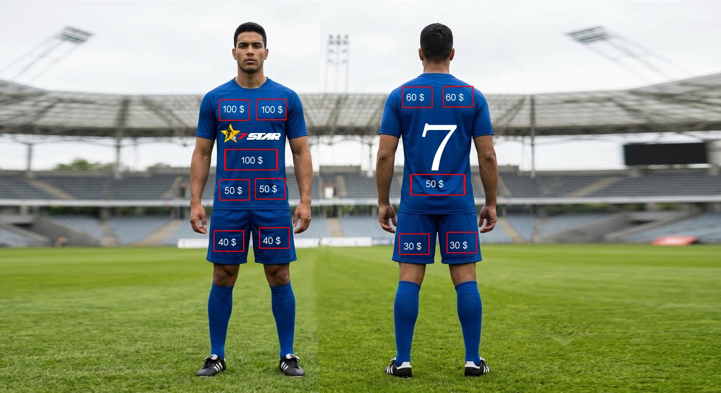 Front and back of the blue 7star FC kit with priced sponsor spots from $30 to $100. Image from the launch post.