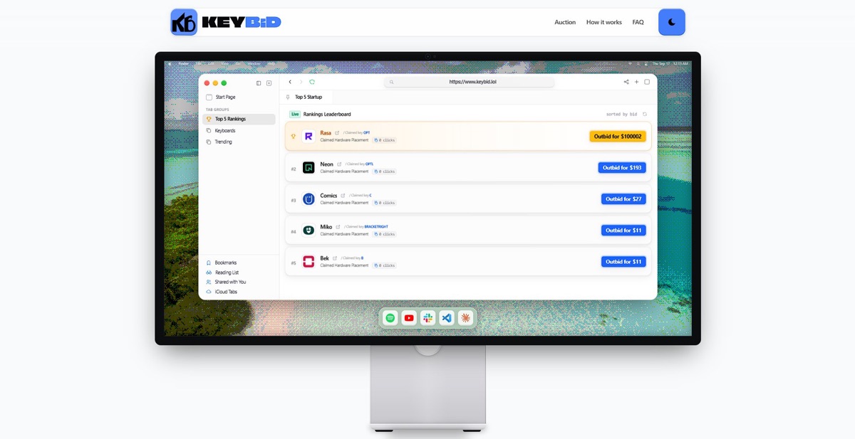 A Studio Display showing the KeyBid rankings leaderboard, with five brands and their outbid prices listed beside a beach wallpaper. Image from the launch post.