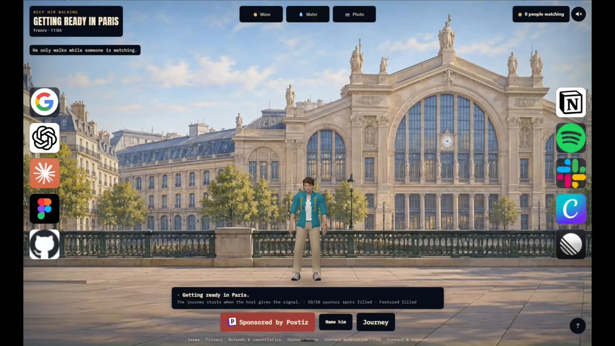 The virtual traveler standing in front of a Paris station with sponsor logos down both sides. Still from the launch video; the logos shown are the site’s preview.