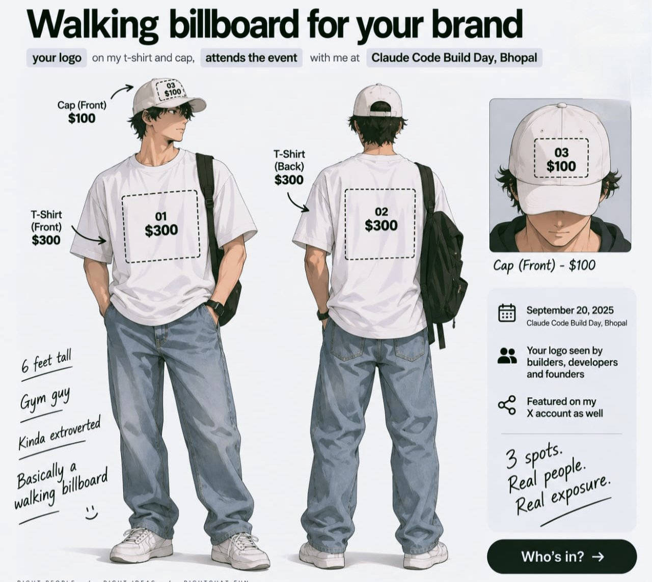 Illustrated T-shirt and cap advertising placements from Shreyansh’s original sponsorship post.