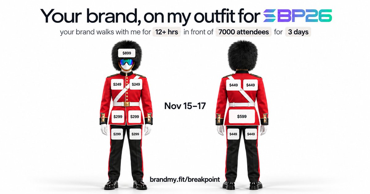 Front and back of a Royal Guard outfit, red tunic and bearskin, with logo spots priced from $249 to $899, for Solana Breakpoint on 15 to 17 November. Image from the launch post.