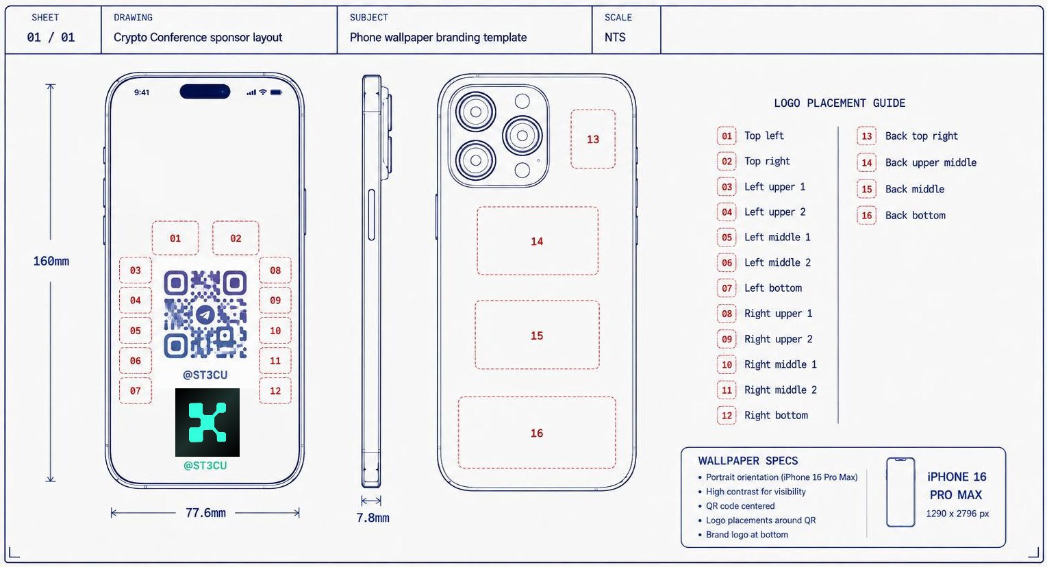 Technical drawing of an iPhone showing sixteen numbered logo placements around a Telegram QR code wallpaper and on the phone back. Image from the creator’s campaign post.