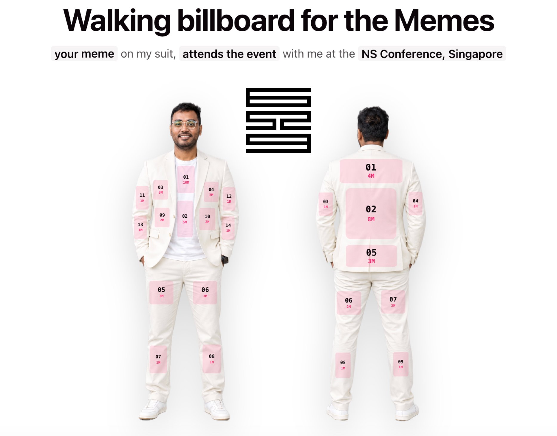 Conference suit with numbered meme sponsorship placements.