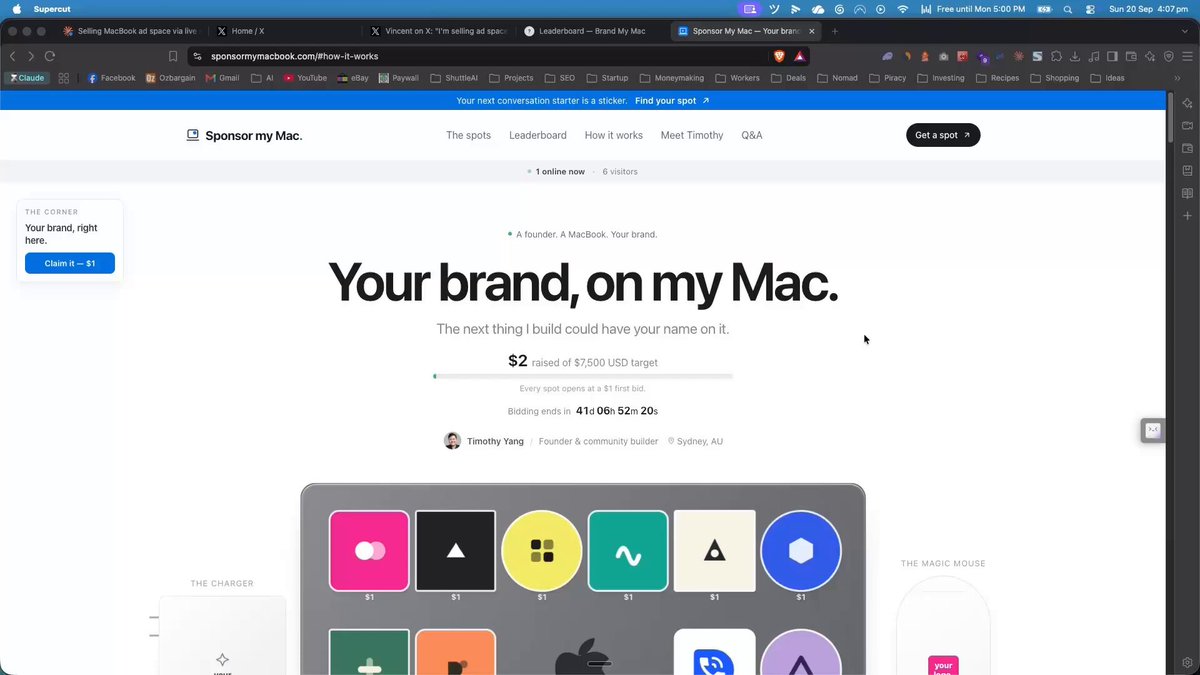 The campaign site showing a MacBook grid of $1 sticker spots and $2 raised of a $7,500 target. Still from the launch video.