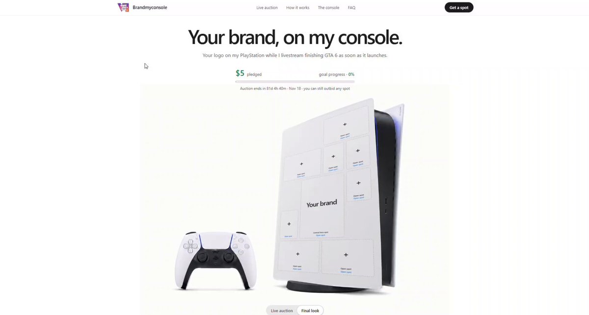 A PlayStation for a GTA 6 livestream. Image from the creator’s campaign post.