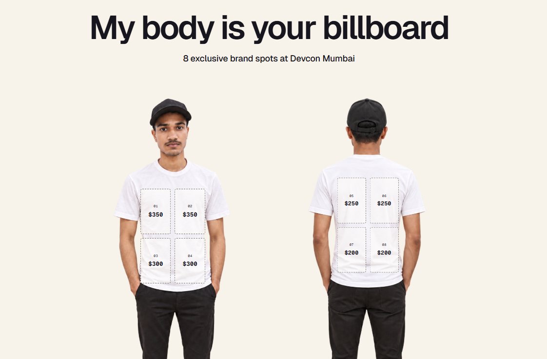 Mockup of Manish in a white T-shirt and black cap, front and back, with eight dashed logo spots priced $200 to $350 under the headline My body is your billboard. Image from the creator’s post.