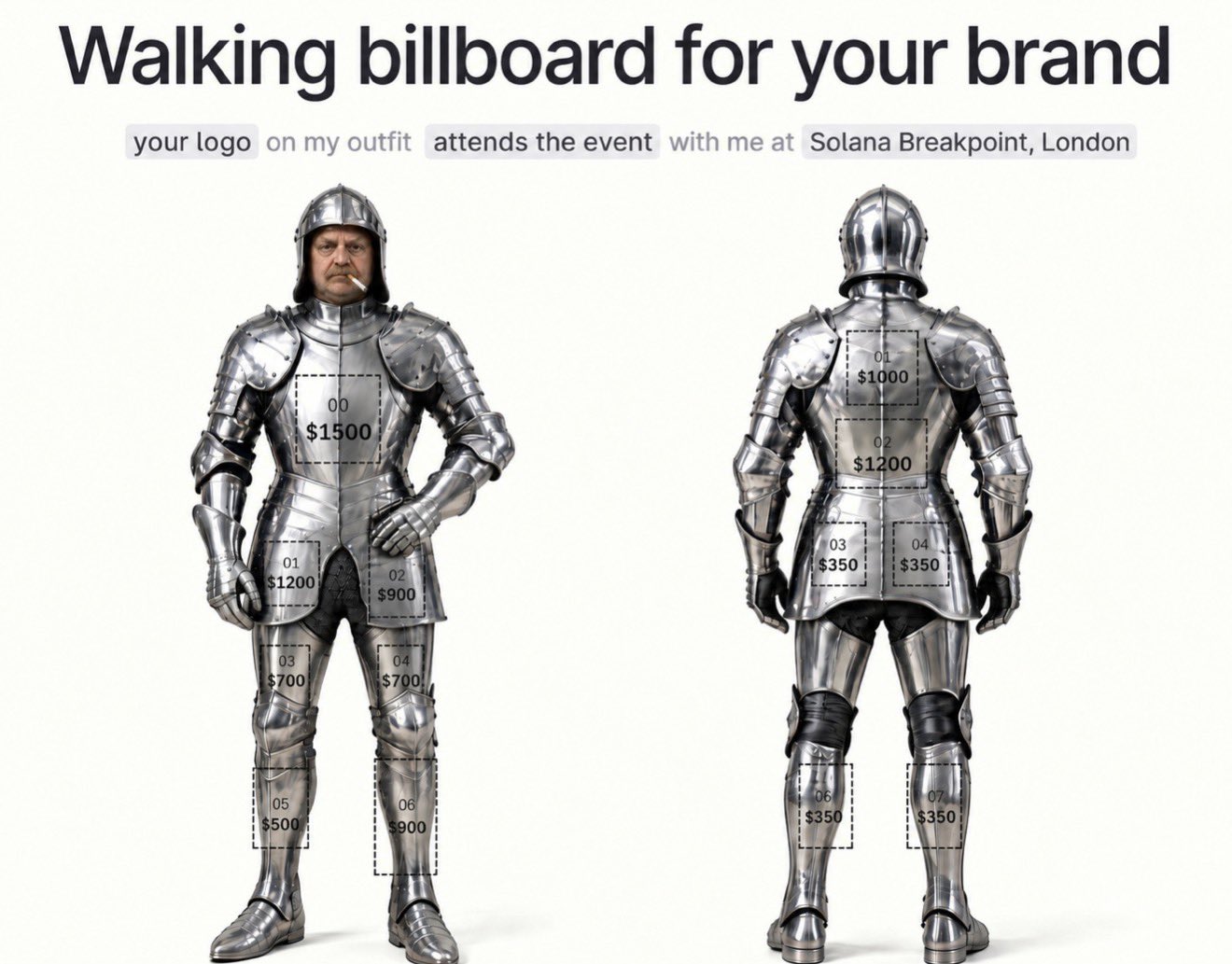 A suit of armour drawn as a walking billboard for Solana Breakpoint London, with priced spots from $350 to $1,500. Image from the launch post.