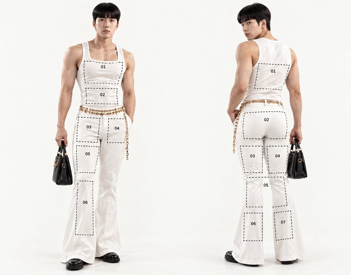 Front and back studio photos of the creator in a white tank top and white flared trousers with a gold chain belt, with thirteen numbered dashed boxes marking the sponsor spots, six on the front and seven on the back. Photo from the launch post.