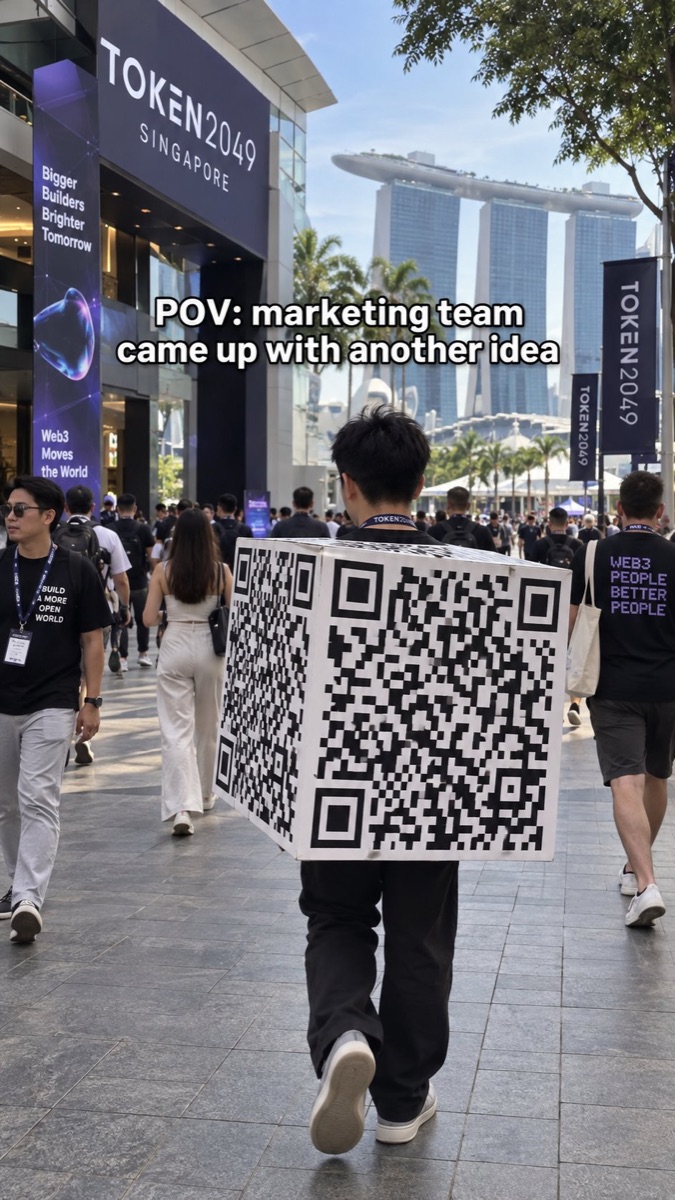 A man walking through the TOKEN2049 Singapore venue wearing a large white box printed with a QR code on every side, Marina Bay Sands behind him. Photo from the launch post.